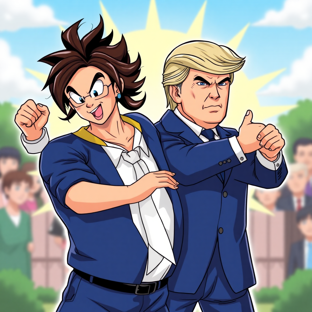 Dragon ball style Kamala Harris and Donald Trump mimic fusion position