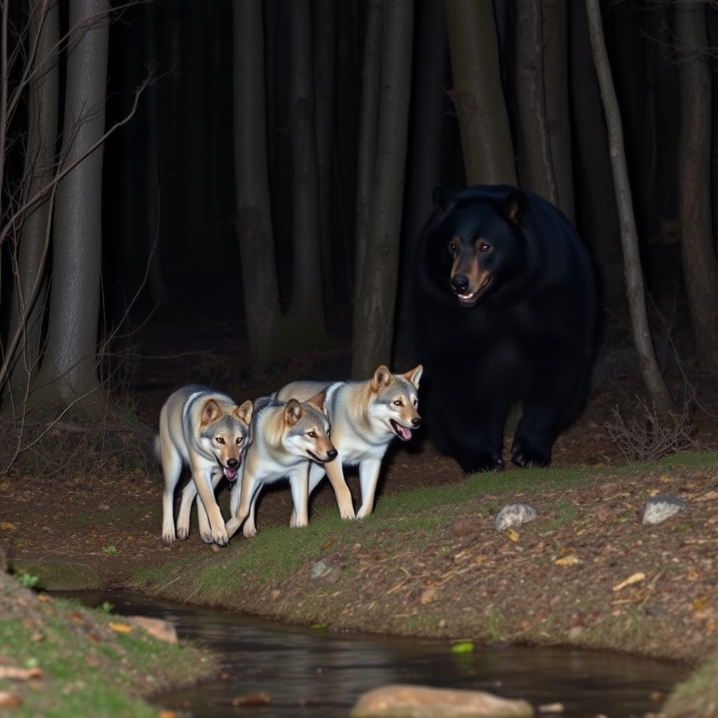 A photo realistic picture of two smaller grey furred wolves and a large black bear walking through the woods along a small creek at night