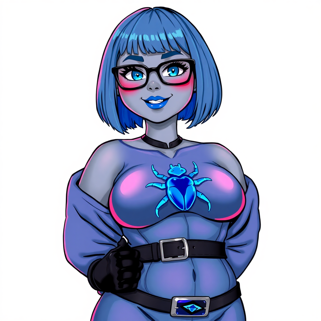 A 28-year-old, full-figured, middle gray metallic-skinned computer program-human hybrid with a maximum blue bob cut. She has a non-athletic build, highlighted by a prominent, round midsection. As a digital sidekick, computer hacker, and nerdy girlfriend to her cyberpunk vigilante boyfriend, her middle gray metallic skin and maximum blue lipstick emphasize her digital nature. She wears an oversized, loose-fitting, maximum blue costume with a neon blue beetle chest icon, a black belt with a sapphire scarab buckle, and black gloves. Her bright blue eyes, black eyeglasses, and lovestruck smile with neon red blush accentuate her nerdiness. She stands bashfully with her hands behind her back, her bodysuit covering all her skin. Her physique is on full display. She is on a solid white background. She is drawn as if she was in a retro 2D cyberpunk fighting game.