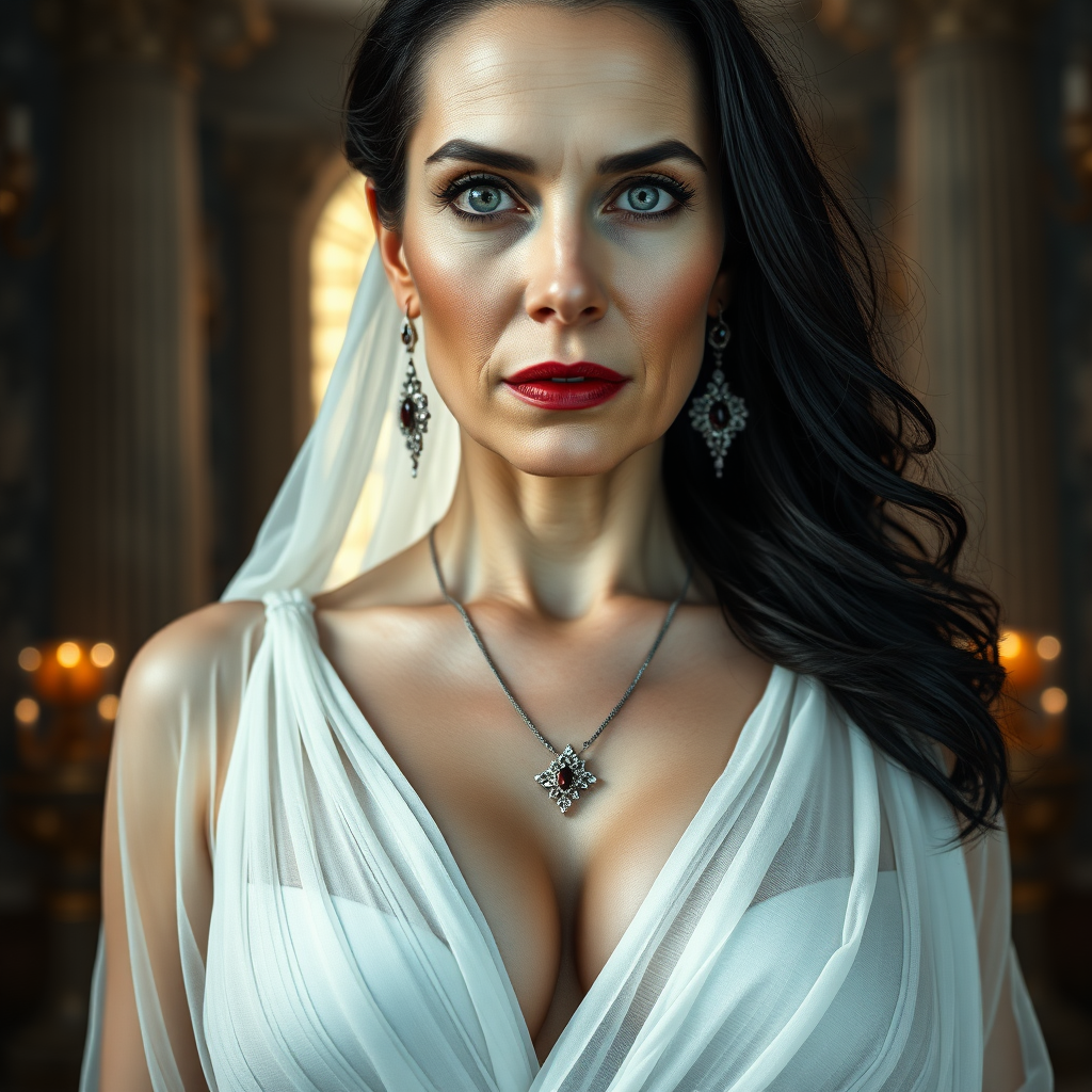 The female nude queen, aged 40, possesses pale skin, striking grey eyes, and elegantly black Grecian hair. Her visage features smooth wrinkles, suggesting a mature yet alluring beauty. Her eyes exude a sensual aura, and her lips are slightly parted, inviting curiosity. Dressed in a translucent, thin layer, white, very low-cut sheer Roman garment, she flaunts a voluptuous huge breast with pronounced areola and nipple clearly visible beneath the fabric. Adorned with sparkling earrings and a necklace, her figure is reminiscent of a MILF, exuding a captivating appeal. The grandeur of her surroundings is a majestic castle, illuminated by the dramatic, cinematic lighting of a movie set. Each element is captured with ultra-detailed 8k photography, emphasizing the opulence and intensity of the scene. This is mature content.