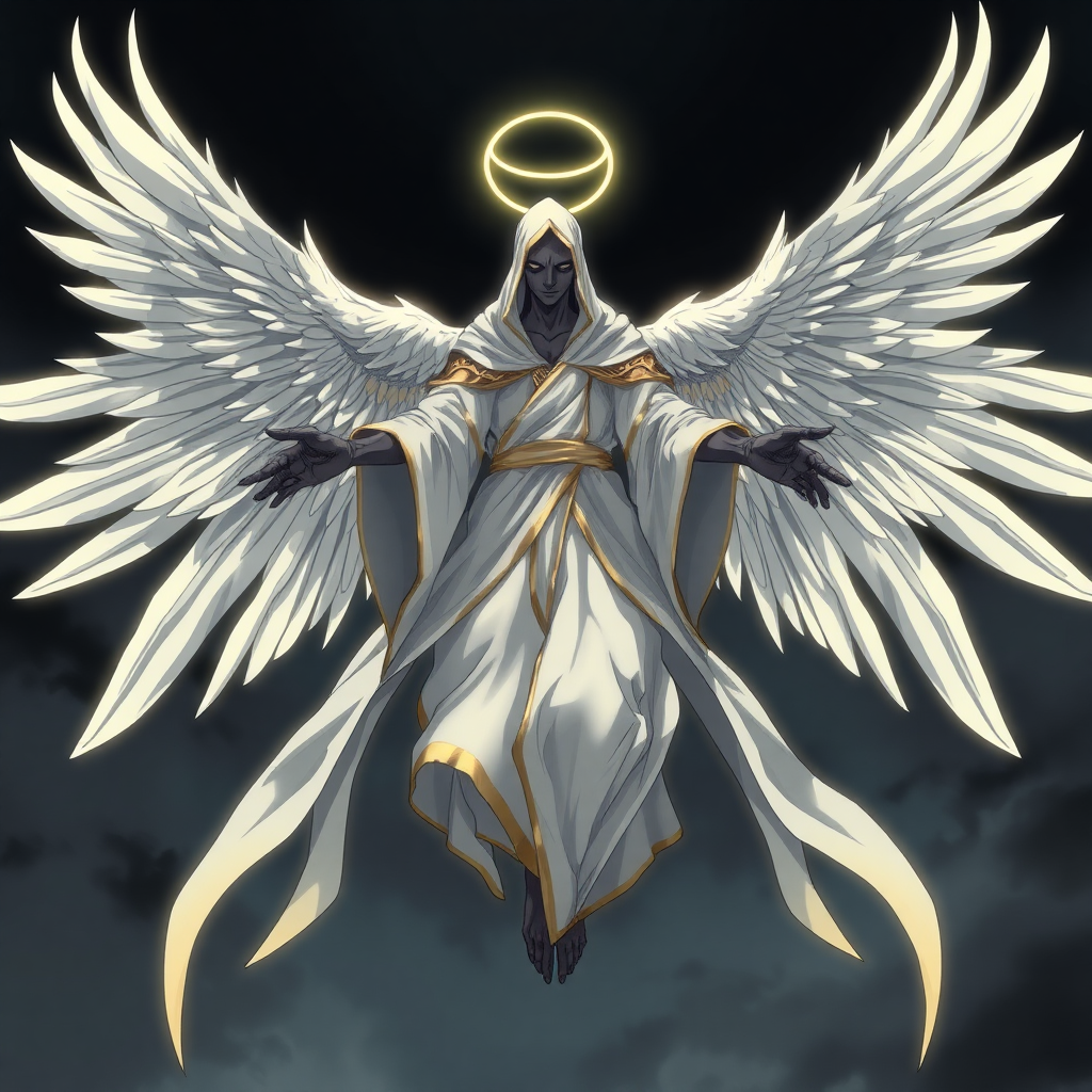 (Anime-styled art), A celestial yet eerie figure hovers in midair, with four majestic angelic wings unfurled. The being is has no face and is faceless, shrouded in flowing white and gold robes, its skin a dark grey. Its outstretched hands radiate both holiness and an unsettling, unearthly presence.