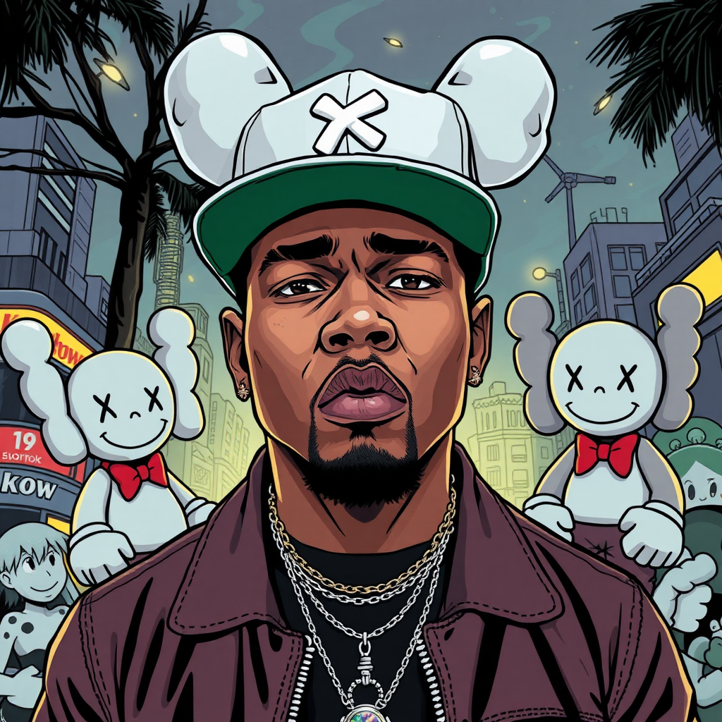 create an comic art illustration of the rapper Chris Brown surrounded by Bearbrick and KAWS background hanoi