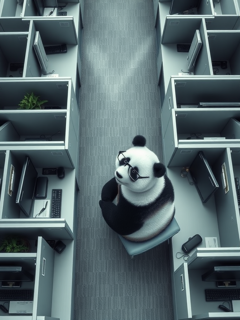 Birds eye view of an office space made up of cubicles with a panda bear wearing glasses sitting in front of a computer.