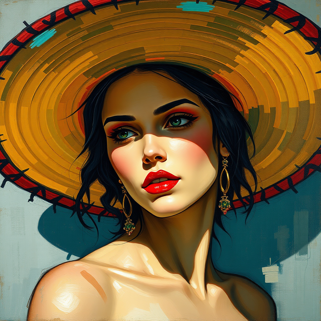 A wide-brimmed sombrero hat throws a shadow over the head and body of a young woman, in a style reminiscent of Gustav Klimt. The artwork is a fusion of art deco and cubism, rendered in 8k resolution as concept art. It embodies splash art and neo-impressionism with an expressionist flair, resembling an oil painting with smooth post-impressionist impasto techniques and thick, colorful layers of textured acrylic paint.