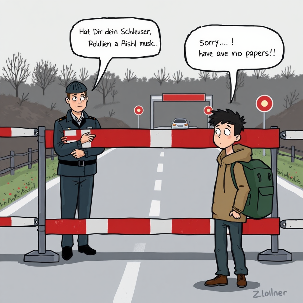 The image you're describing seems to capture a tense interaction at a border crossing. Here’s how I would break it down for the image:

Setting: The image takes place at a border crossing marked by a red-and-white striped barrier. This barrier could be in the middle of a road, with a border checkpoint building or signs indicating it's the German border.

Character 1 (Zöllner/Customs Officer):

The officer stands behind the barrier, wearing a typical customs officer uniform with a stern or neutral expression.
Above him, there's a speech bubble that reads: "Hat Dir dein Schleuser nicht gesagt, dass Du Asyl sagen musst?".
Character 2 (Young Asylum Seeker):

In front of the barrier, a young arabien looking man with a backpack looks slightly disoriented or worried.
He's wearing simple travel clothes, and above him, his speech bubble says: "Sorry... Sorry... I have no papers!".