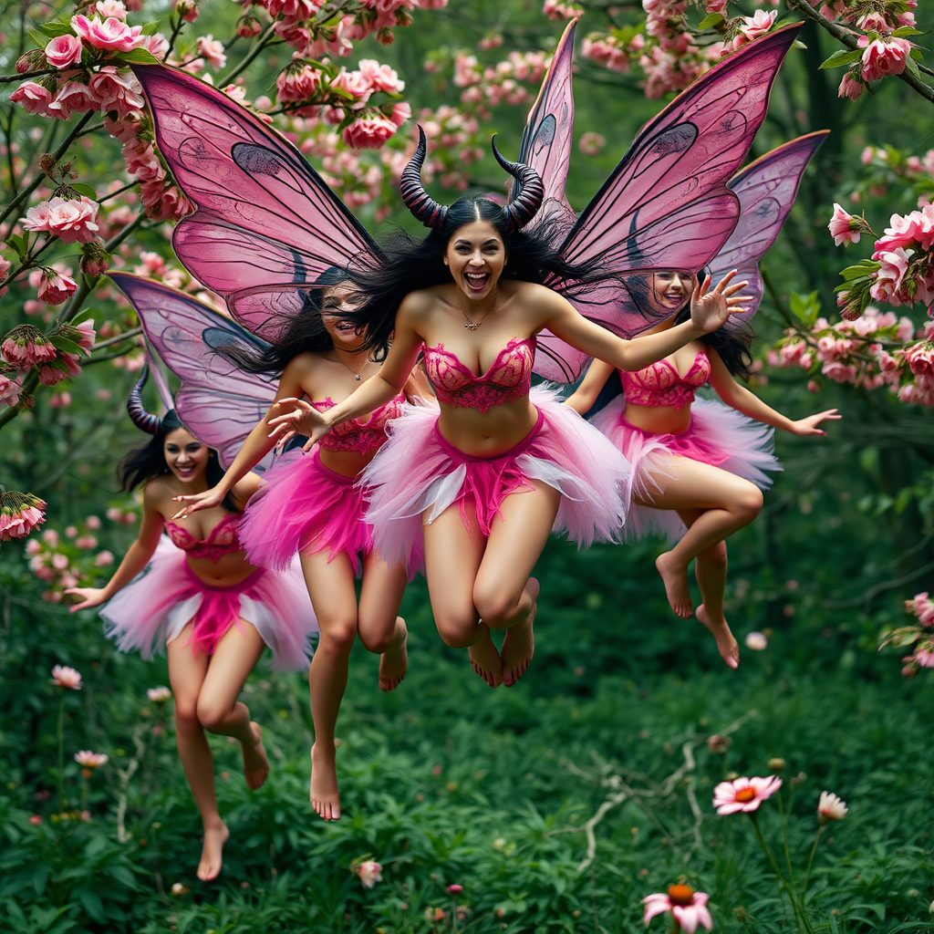 Full body shots, Group of beauty queen demon fairies, in mid-flight, in a flowery fruitful forest, with irresistible feminine allure but with a shocking expression of teeth