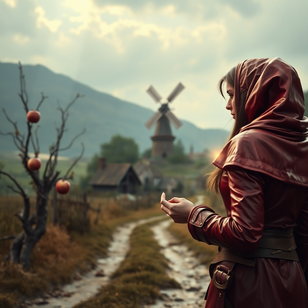 A wide distance shot of a pretty female adventurer in subtle red leather clothing with a hood, walking towards a thin, short, frail clean-shaven old farmer wearing rags and who looks ill. She is holding a gold ring. A pastoral fantasy house near a road to "Dunright". A single apple tree with a few moldy apples on it. A gothic fantasy village and mage tower with windmill in the distance. Photorealistic dark fantasy digital matte painting. Lens flare, film grain.