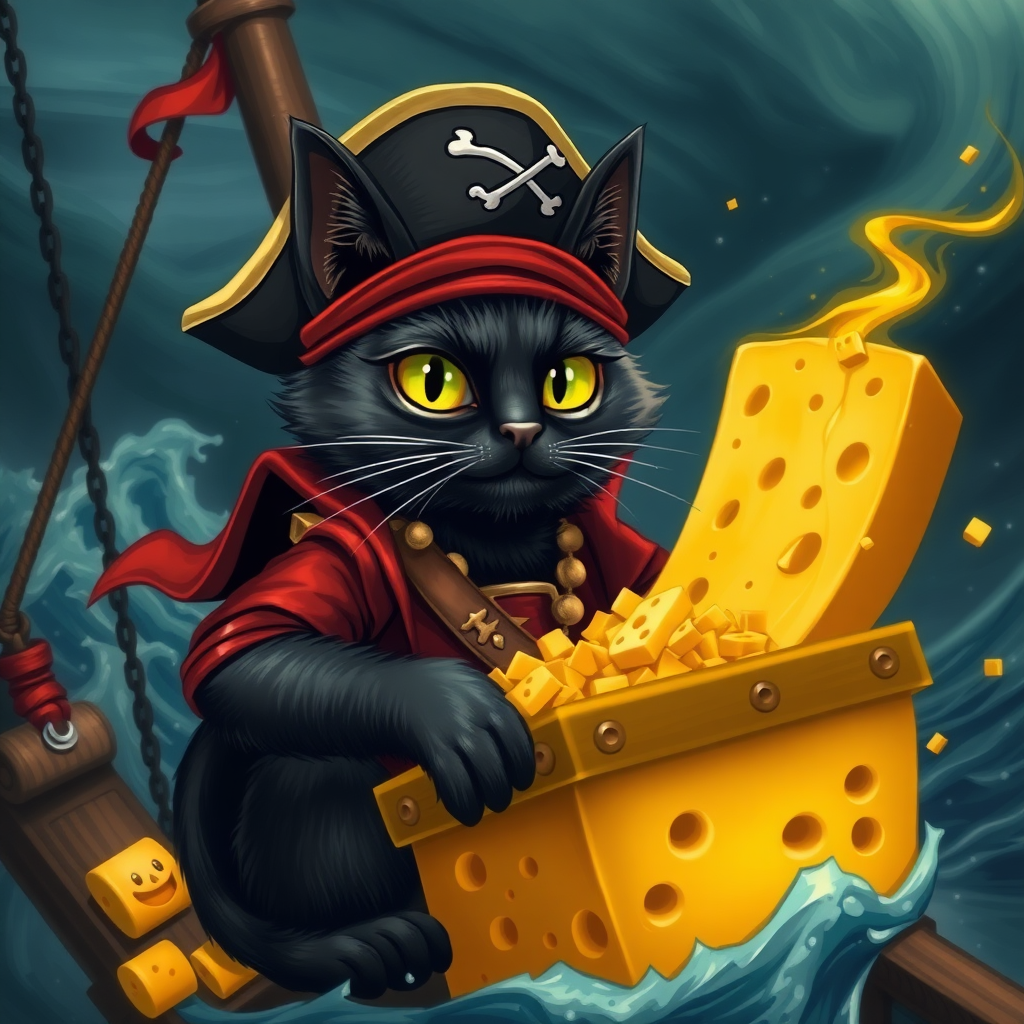 Black cat pirate Captain with treasure cheese filled with cheese on a pirate ship in a hurricane