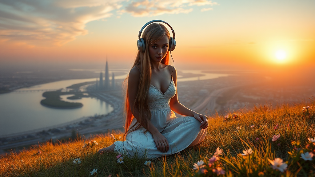 pretty azian woman long hair, pretty dress, sit on the grass with flowers, with headphone, alien planet, aliens buildings, with nice greenery flowers and rivers, beach, nice sunset, highways and streets, ultra realistic view high detail