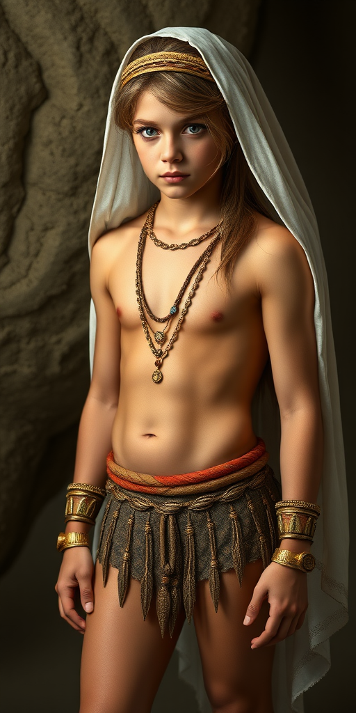 A beautiful ancient Babylonian teen boy, long hairs, long eyelashes, bridal vail, long legs, bare thighs. full length view. photorealistic, ultra high resolution, 16K.