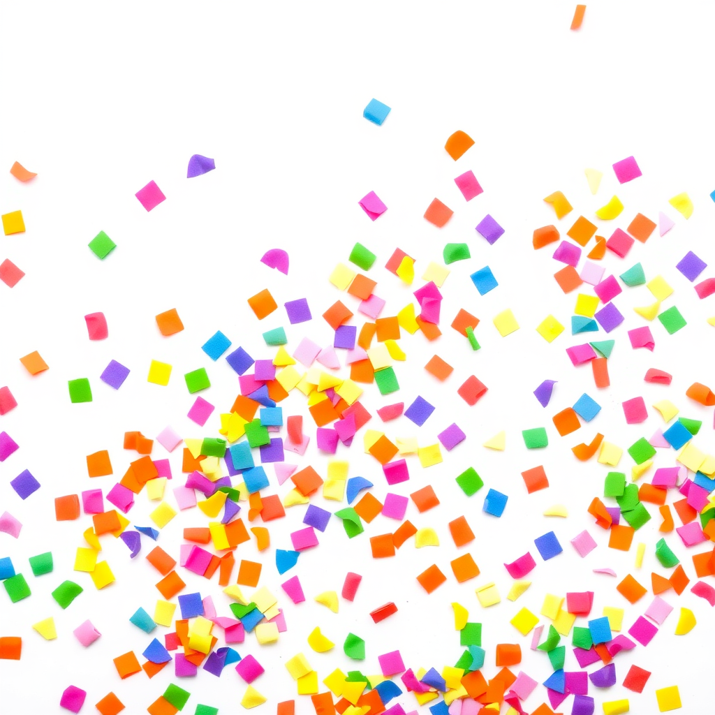 A high-resolution, colorful image of colorful confetti pieces evenly scattered across a plain white background, clean, professional look, stock photo