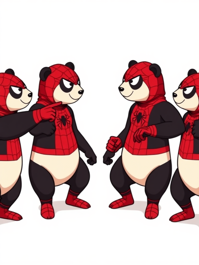 Four panda bears dressed as Spiderman standing in a circle, aggressively pointing fingers at each other.