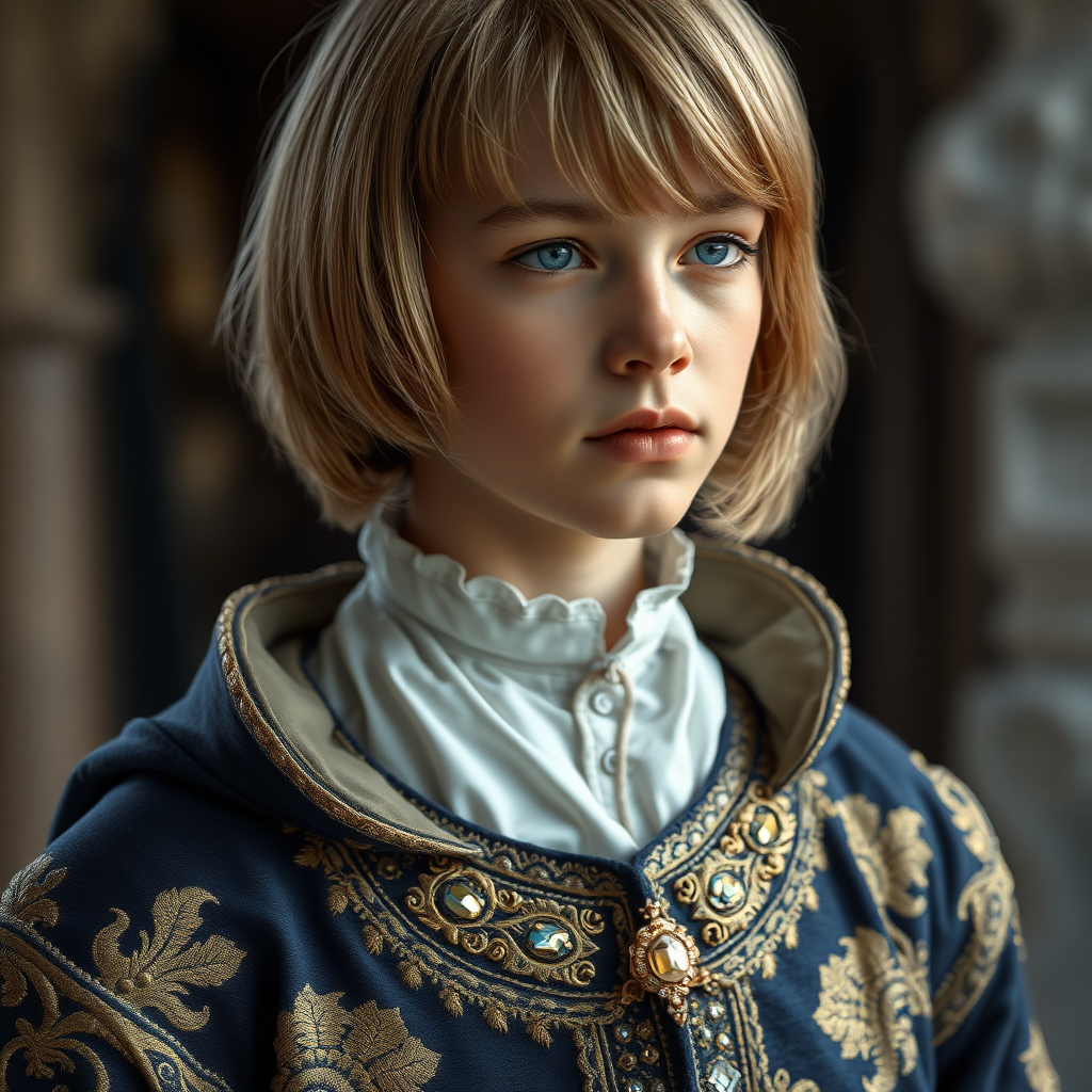 16yo teen boy prince, long bob cut, embroidered with gold and diamonds medieval cloths. photorealistic, ultra high resolution, 16K,