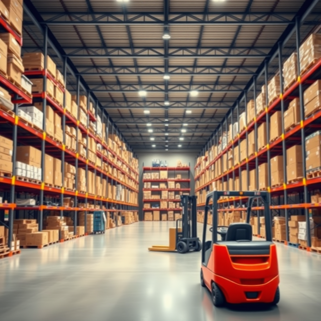 Create a high-resolution stock photo of a modern warehouse interior. The scene should include tall shelves filled with various boxes and products, a spacious layout with clear pathways, and bright overhead lighting. Include a forklift. The overall atmosphere should convey efficiency and organization, with a clean and professional look. NO text.