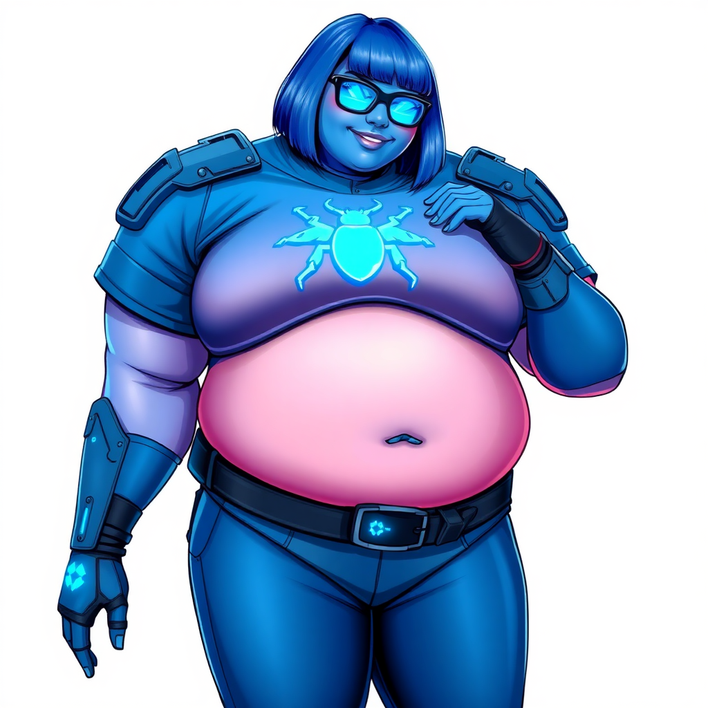 A 28-year-old, full-figured, metallic maximum blue (5PB 5/10) skinned computer program hybrid with a maximum blue bob cut. She has a non-athletic build, highlighted by a prominent, round, large midsection (with full emphasis on her round belly), which shows the effects of her love of junk food acquired from her boyfriend. As the full-figured, nerdy, digital sidekick to her cyberpunk vigilante boyfriend, her metallic maximum blue skin and maximum blue lipstick (5PB 5/12) emphasize her digital nature. Her skin has a subtle, animated glow, with digital patterns occasionally flickering across it, making her digital nature obvious. She wears a digital, computerized, superhero costume, consisting of a massive, tight-fitting, maximum blue t-shirt (5PB 5/12) made out of advanced nanotech with a neon blue chest icon of a beetle, hi-tech shoulder pads with neon blue accents, a black hi-tech belt with a digital neon blue glowing buckle, digital maximum blue biker pants (5PB 5/12) with neon blue accents, and black hi-tech fingerless biker gloves with neon blue glowing accents. Her neon blue glowing eyes, black eyeglasses with neon blue glowing lenses equipped with a built-in HUD, and bashful smile with neon red blush accentuate her nerdiness. She stands bashfully with one hand behind her back and the other hand gently touching her cheek, her costume covering all her skin (especially her midsection) and fully emphasizing her full figure (especially her round belly). She is clearly non-athletic, with a focus on her full-figured physique. Despite her build, she radiates beauty. She has a slim face compared to her physique, accentuating her radiant beauty. She is on a solid white background. She is drawn as if she were in a retro 2D cyberpunk fighting game.