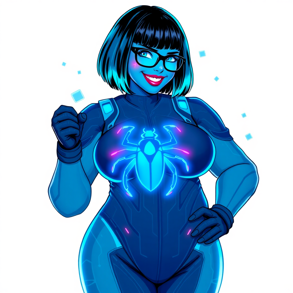 A 29-year-old computer science major, now transformed into a full-figured, nerdy digital sidekick for her cyberpunk vigilante boyfriend, with striking blue skin. Her bob cut seamlessly blends with her skin, forming part of her data, and her neon blue eyes glow intensely. Her full figure is defined by a prominent round gargantuan midsection, sequoia-sized limbs, and broad shoulders. As a loyal and supportive sidekick, she plays a crucial role in their missions, using her digital skills to assist and protect.

She wears a digital, computerized bodysuit which blends with her hair and skin (appearing to merge together like computer data), all are colored maximum blue. The bodysuit has a glowing neon blue beetle chest icon, along with matching high-tech gloves. She bashfully giggles with a neon red blush, emitting neon blue data cubes from her body, set against a solid white background. Heavily pampered by her doting boyfriend, her full figure clearly shows this care. She has the ability to hack into computers and machines, and her nerdiness is blatantly obvious with her black oversized eyeglasses. Her full figure (especially her round gargantuan midsection) is prominently displayed and heavily emphasized. Her outfit is influenced by DC’s Jennifer Knight Phantom Lady but remains distinct. She is drawn as if she was in a retro 2D cyberpunk fighting game.