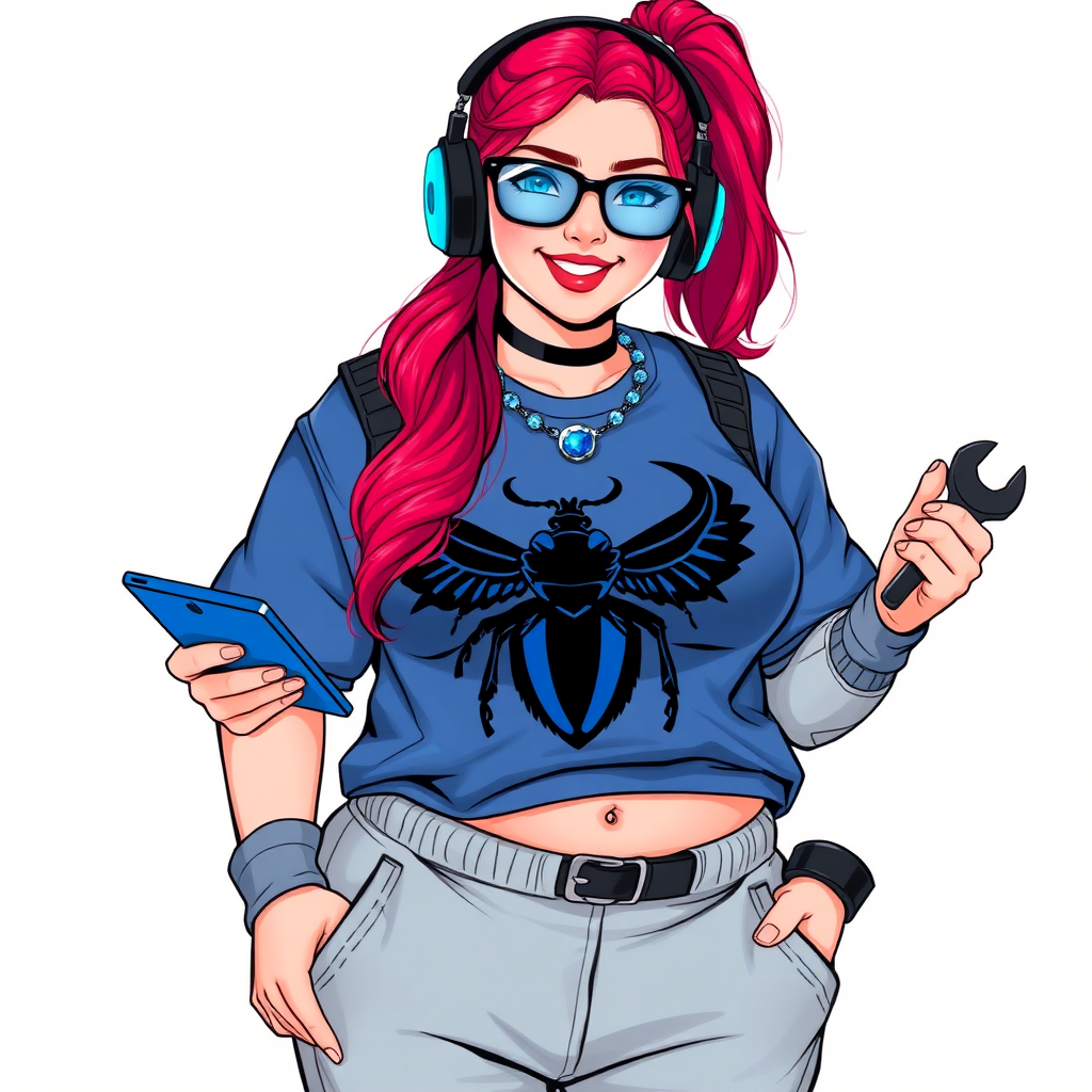 A cyberpunk vigilante’s full-figured intelligent and tech-savvy 29-year-old girlfriend, who is a computer hacker and tech genius. She has a long ruby red ponytail and bright blue eyes. She wears a sapphire beetle gemstone necklace, an armored, oversized, Maximum Blue (RGB 71, 171, 204) t-shirt featuring a giant black chest icon of a winged beetle, and matching Maximum Blue (RGB 71, 171, 204) sweatpants. She has a full-figured physique with a prominent, giant, well-rounded midsection, reflecting her well-cared-for lifestyle. The midsection is heavily emphasized. She sports a sapphire headset with hi-tech Maximum Blue (RGB 71, 171, 204) lensed HUD visor, Maximum Blue (RGB 71, 171, 204) lipstick, black eyeglasses, and a beaming smile with a passionate bright red blush. Despite her figure and a lack of self-esteem, she radiates an air of beauty. She has an angular face which contributes to her radiant beauty. She serves as his tech expert from his hideout, holding a holographic tablet and a hi-tech tool wrench. The background is solid white. She is drawn as if she was in a retro 2D cyberpunk fighting game. Make sure her outfit covers her enormous midsection.