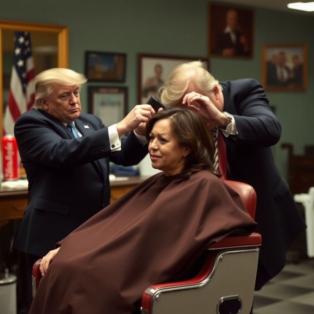 Kamala Harris sitting in a barbershop while Donald Trump cuts her hair.