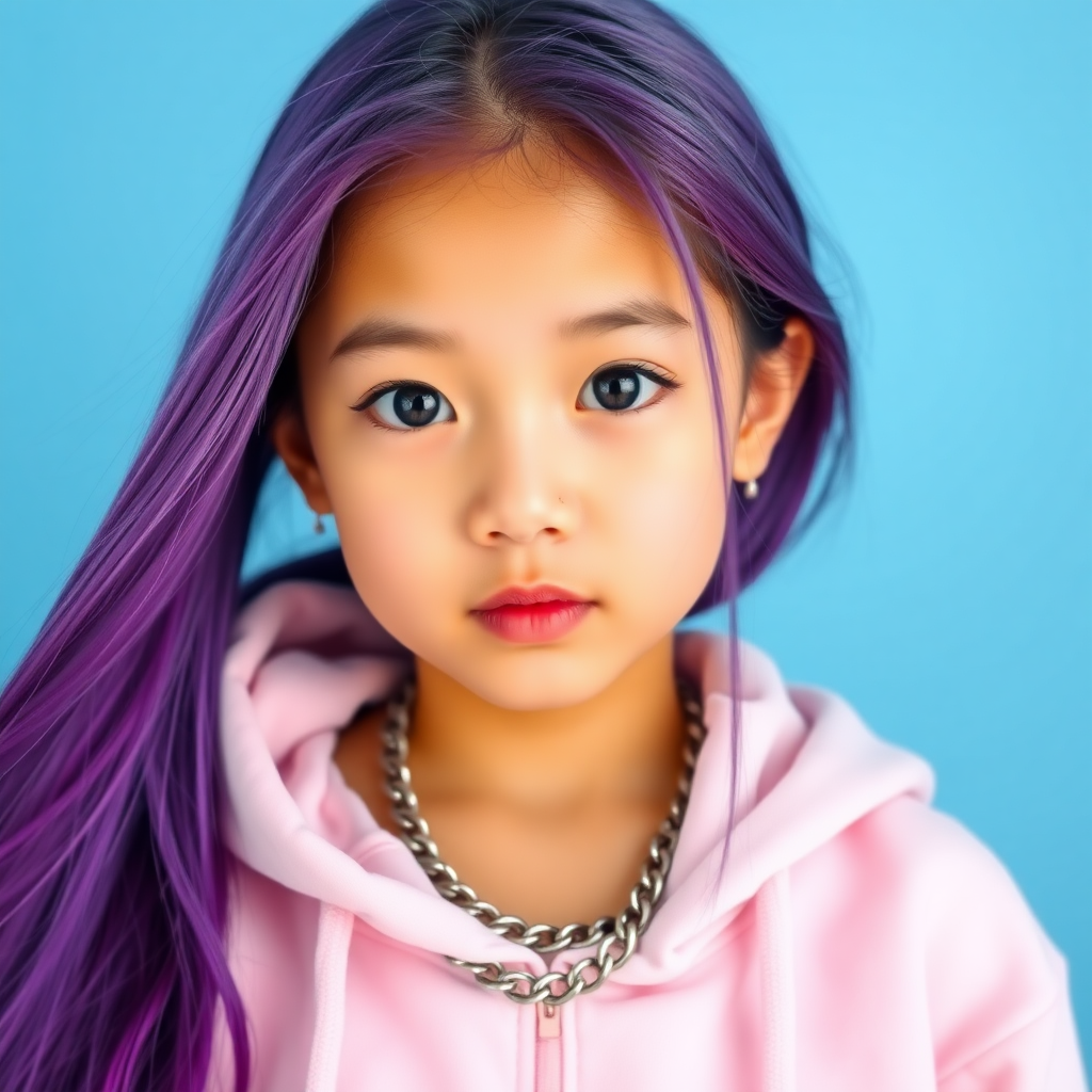 WALLPER, a medium-angle shot of a young Asian girl with long vibrant purple hair stands in front of a light blue backdrop. Her eyes are a deep blue and her lips are a vibrant pink. Her hair is cascading down her right shoulder framing her face. She is wearing a light pink hoodie adorned with a silver chain around her neck adding a pop of color to her outfit. The backdrop is a stark light blue creating a stark contrast to the girl's purple hair.