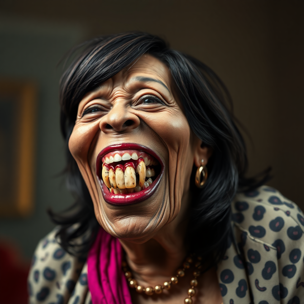 Kamala Harris lookalike old fat ugly female alien laughing with behemoth-size mouth, showing big rotten teeth,