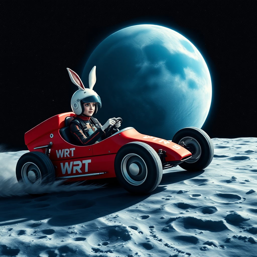 On the surface of the Moon, filled with many craters, a red racing car speeds by, with "WRT" written on it. A beautiful black-haired female racer, wearing a full helmet with white rabbit ears sticking up, grips the steering wheel tightly. In the background is the immense round blue Earth.