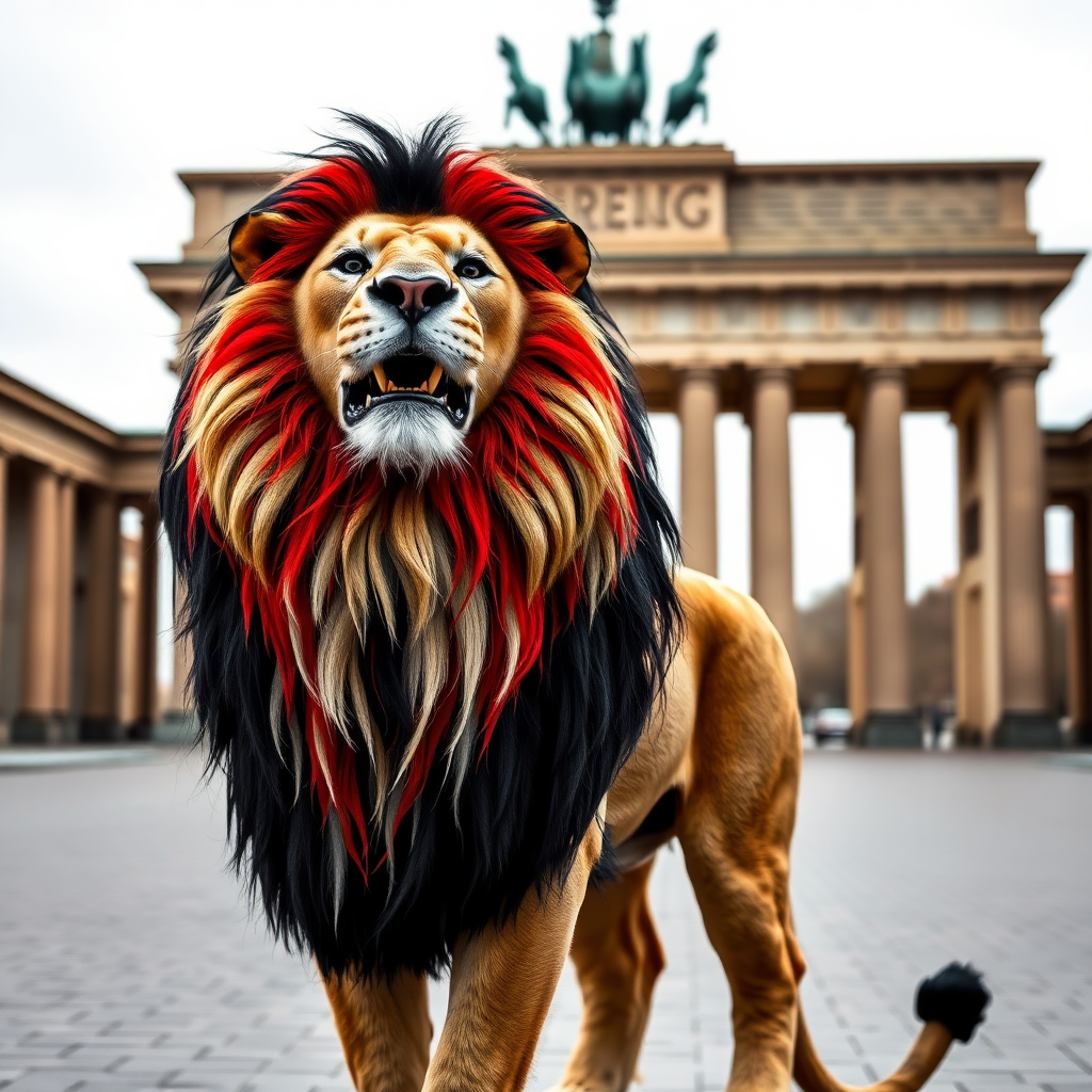 A lion in black, white, and red stands in front of the Brandenburg Gate. Realistic photo.