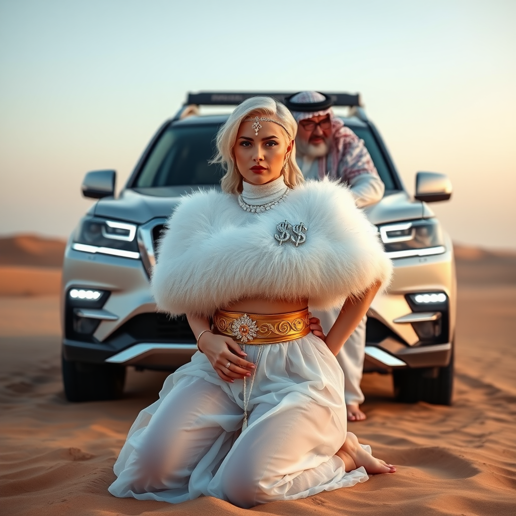 Kuwait desert dunes misty dawn, full size luxury SUV: Melissa, European 17 years old very convincing femboy “trophy-bimbo”, tamed servile docile, very beautiful feminine flawless face, rather short, by hormones very curvaceous womanly figure, platinum blond short tight curls, bold red lips, heavily made-up face, wearing Supertanya-style fluffy very fuzzy bright white angora turtleneck-poncho cropped ending under bust decorated with pearls and gemstones, striking oriental wide gold bridal protection belt, white fully transparent harem pants, full Oriental bridal jewelry including headpiece, nose-ring, coin anklets, striking diamond “$$$” letter brooch on left chest, pout frustrated, hands tied behind back, kneeling in sand in front of SUV, looking at camera. Focus on face and turtleneck-poncho. Standing behind Melissa: older overweight tall proud sheik, approvingly patting Melissa.