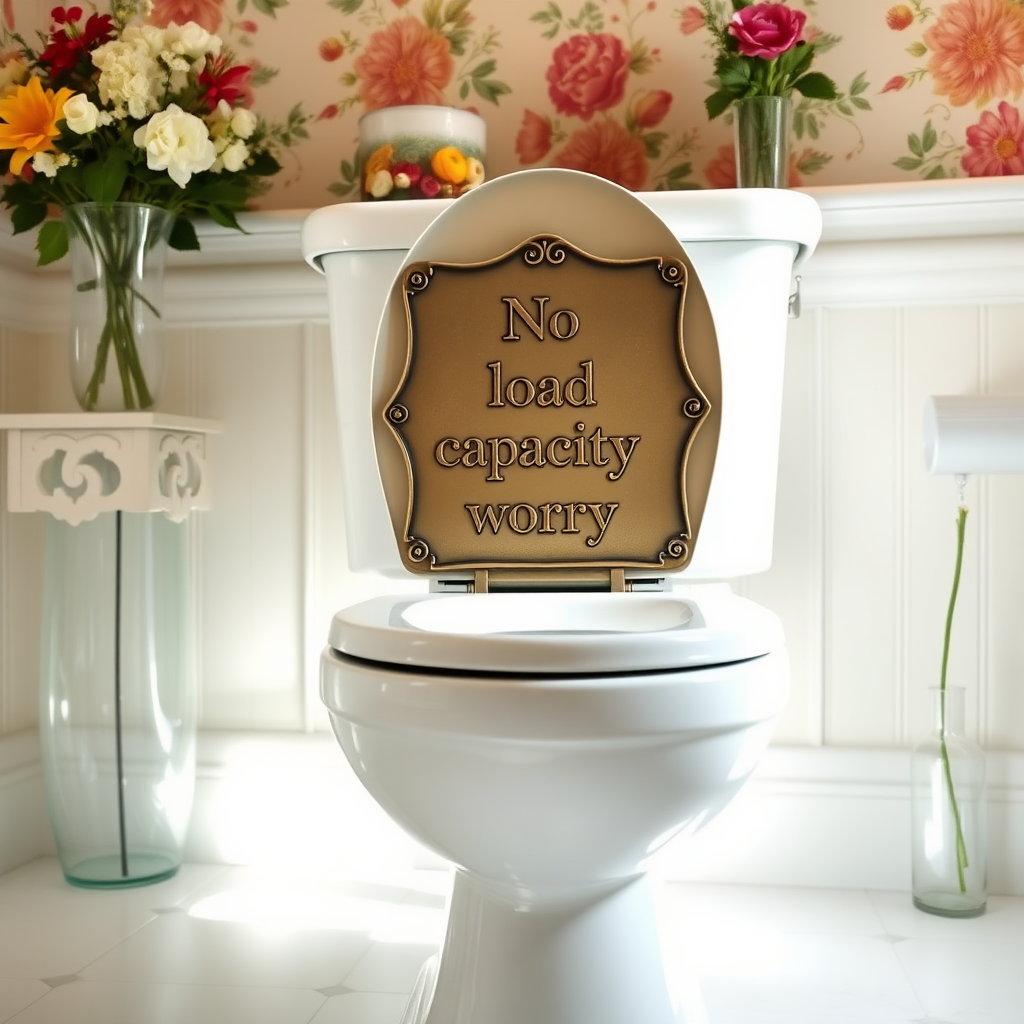 fancy toilet with a metal plaque on the side that says "no load capacity worry", in a very bright room decorated with floral wallpaper and flowers in vases