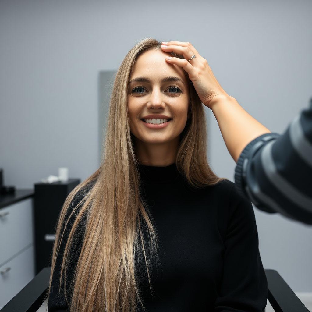 POV, beautiful very long haired blonde woman sitting in a hair salon smiling at the camera while I reach out from behind the camera to massage her scalp.  Plain gray background.