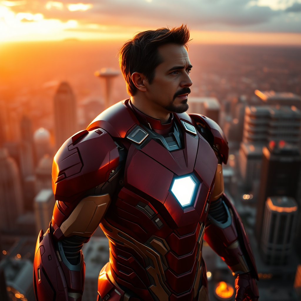 A grand cinematic composition of Tony Stark standing proudly in his Iron Man suit, from a 45-degree camera angle, emphasizing his heroic stance and sharp facial features as he looks out over the city, with the warm glow of sunset casting a golden light across the scene.