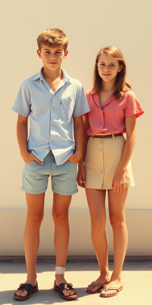 Vintage photo, 1980s. Hot summer. Yugoslavia. A tall skinny 13yo teen boy wearing short shirt, tight booty shorts, long legs, bare thighs. With a girl wearing shirt, long skirt. Full length view.