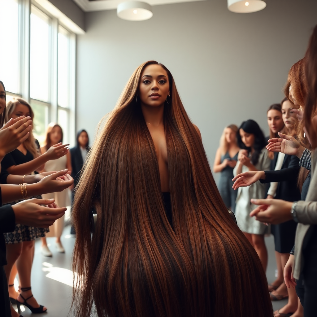 In an elegant, sunlit salon, adorned with soft, minimalistic decor, the stunning Beyoncé sits gracefully in a salon chair, her incredibly long, luxurious hair cascading like a flowing waterfall of silk down her shoulders and past her waist. The gentle glow of overhead lights highlights the rich, deep hues of her hair, each strand reflecting the brilliance of the space around her.

As an interactive long hair fetish performance art exhibit unfolds, curious visitors gather around, their eyes alight with fascination and excitement. Some eagerly reach out, gently grasping her hair between their fingers, feeling the smooth texture slip through their hands, while others playfully tug at it, testing the boundaries of their interactions. Each movement is accompanied by a symphony of soft gasps and murmurs of appreciation, enhancing the atmosphere of intimacy and connection.

The background is a simple, unobtrusive gray, allowing the artistry of the moment to take center stage. The air is charged with a sense of wonder and exploration, as visitors not only admire Beyoncé's hair but also engage in this tactile experience, deepening their understanding of the artistry behind her presence. Her expression is a mixture of serenity and playful engagement and submission, reflecting her comfort and trust in this unique performance, ultimately creating a captivating scene where art and audience intertwine seamlessly.