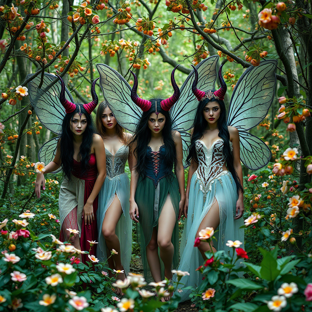 Full body shots, Group of beauty queen demon fairies, in a flowery fruitful forest, with irresistible feminine allure but with a surprising expression of horror