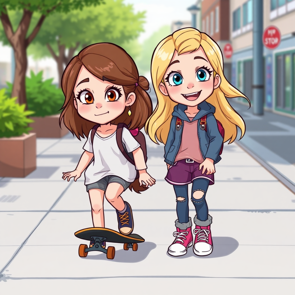 Two cartoon sisters, one a teen with light brown hair and hazel eyes and the other an elementary aged kid with blonde hair and blue eyes, playing with a skateboard on a sidewalk.