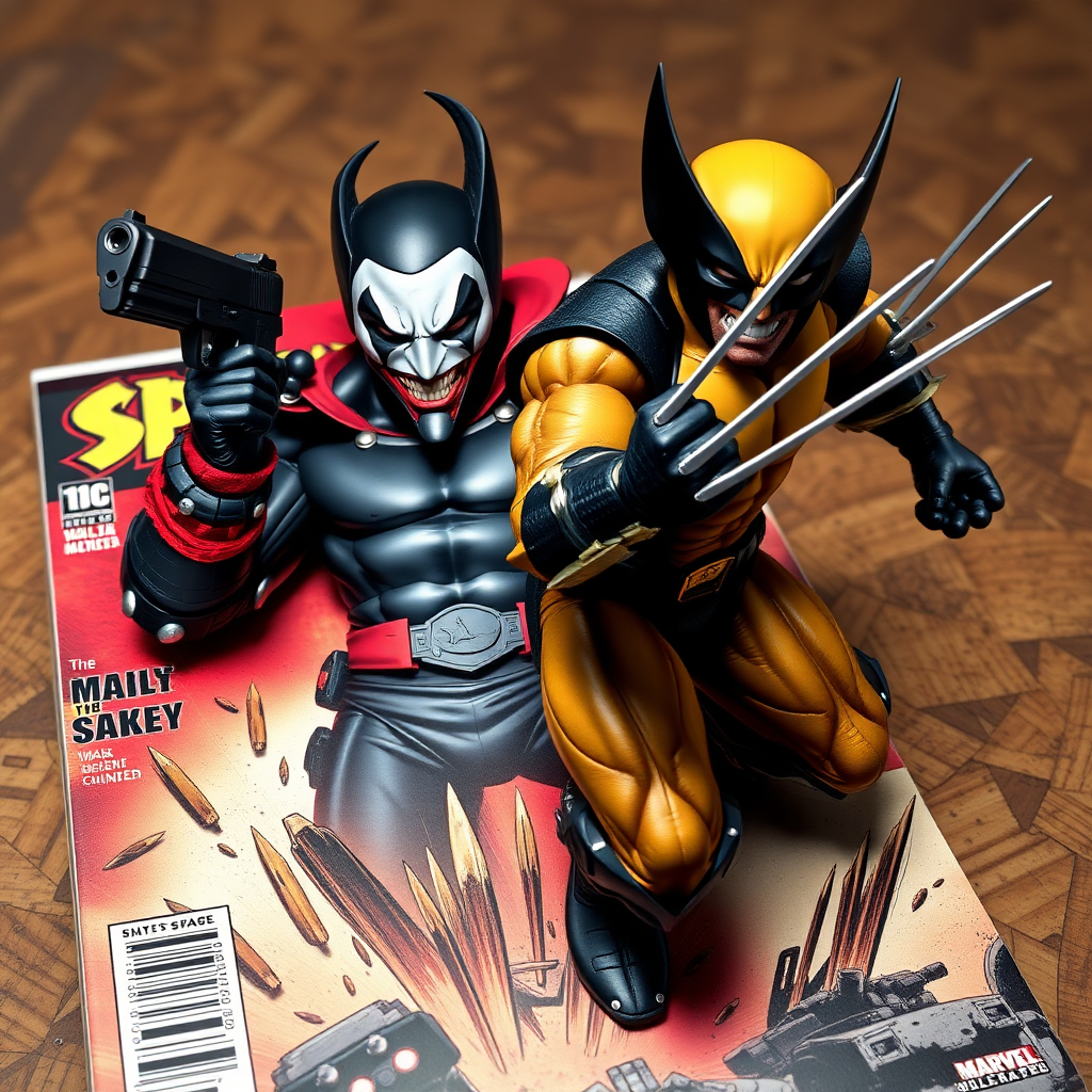 On a comic book cover is Spawn holding a gun Vs Wolverine in Cinematic Real3d photo-realistic quality.