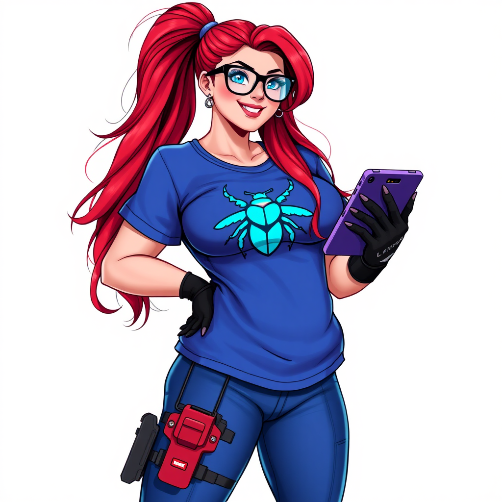 A 28-year-old, full-figured computer hacker and tech wiz girlfriend of a cyberpunk vigilante. Her long ponytail of ruby red hair, and striking, bright blue eyes make her stand out. Her prominent, round, wrecking ball-sized midsection, sequoia-sized limbs, and broad shoulders define her full figure, which has been heavily pampered by her doting boyfriend. Her nerdiness is blatantly obvious, and she serves as her boyfriend’s tech expert.

As the loyal and supportive sidekick, she plays a crucial role in their missions, using her digital and technological prowess to assist and protect. She wears an oversized maximum blue t-shirt adorned with a maximum turquoise beetle chest icon, black oversized eyeglasses, matching maximum blue biker pants, and black high-tech gloves. She beams with a neon red blush, holding a futuristic wrench and a digital holographic tablet. She is on a solid white background. She is drawn as if she was in a retro 2D cyberpunk fighting game.