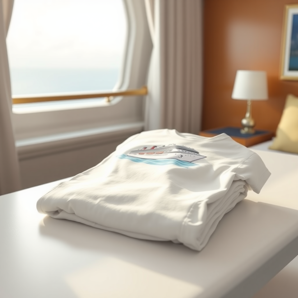 create a photo realistic image of a folded T-shirt on the table in a cruise ship cabin. On the T-shirt there is illustration of a cruise ship. Make the image rectangle and not square