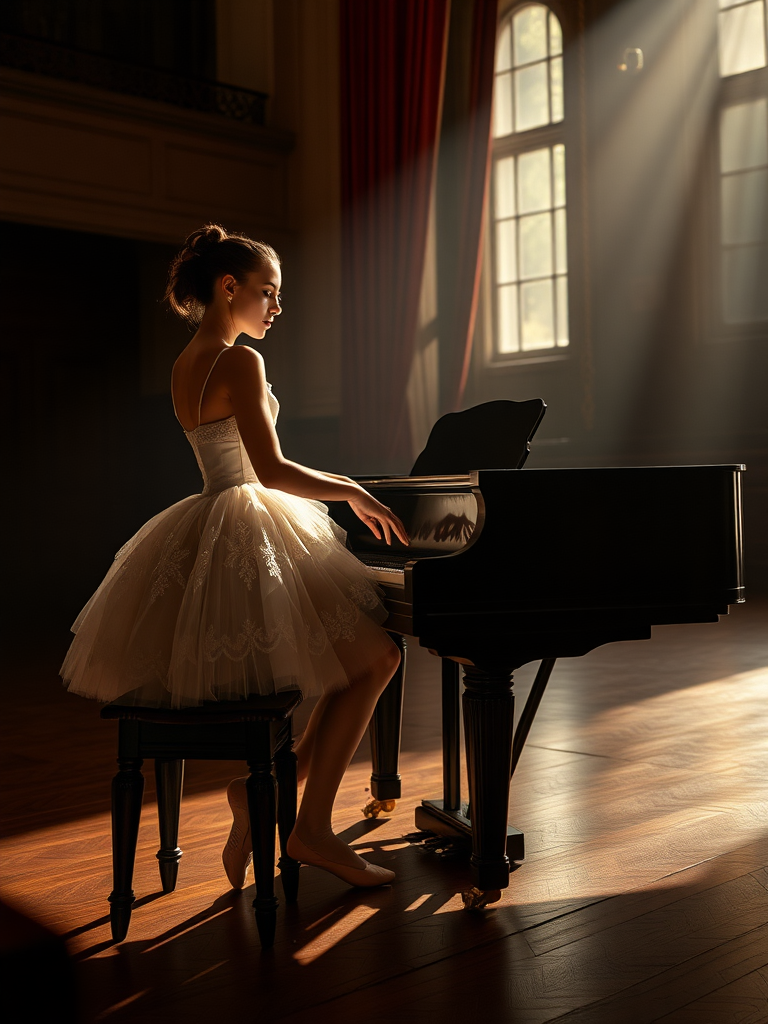 In the dim-lit auditorium of a historic ballet company theater, the air is thick with a sense of nostalgia, the kind that whispers stories of artistry and talent. A ballerina, poised elegantly on a weathered wooden stool, plays a grand piano with a mastery that transforms each note into a haunting melody. Clad in a delicate, ivory vintage tutu adorned with intricate lace and shimmering sequins that catch the soft light, her hands glide over the polished ebony keys, creating a symphony that echoes through the room.

The stage is bathed in a magical, ethereal glow, casting warm, golden highlights that accentuate the ornate details of her costume and the glossy sheen of the piano’s surface. Shadows dance gracefully along the walls, mingling with the muted colors of the velvet curtains that frame the stage. The scent of aged wood mingles with a faint hint of blooming jasmine wafting in from an open window, enhancing the dreamlike quality of the moment.

As she plays, a hushed silence envelops the audience, each note evoking memories and emotions that hang in the air like an invisible tapestry. The ballerina’s expression is serene yet deeply introspective, revealing a connection to the music that transcends the physical realm. Her fingers move with a fluid grace, reminiscent of the graceful pirouettes she performs when dancing, as if her entire being is infused with the rhythm of the piece.

In this intimate setting, the atmosphere pulses with a bittersweet beauty, where the past and present intertwine, inviting all who are present to lose themselves in the enchanting world of dance and melody that unfolds before them.