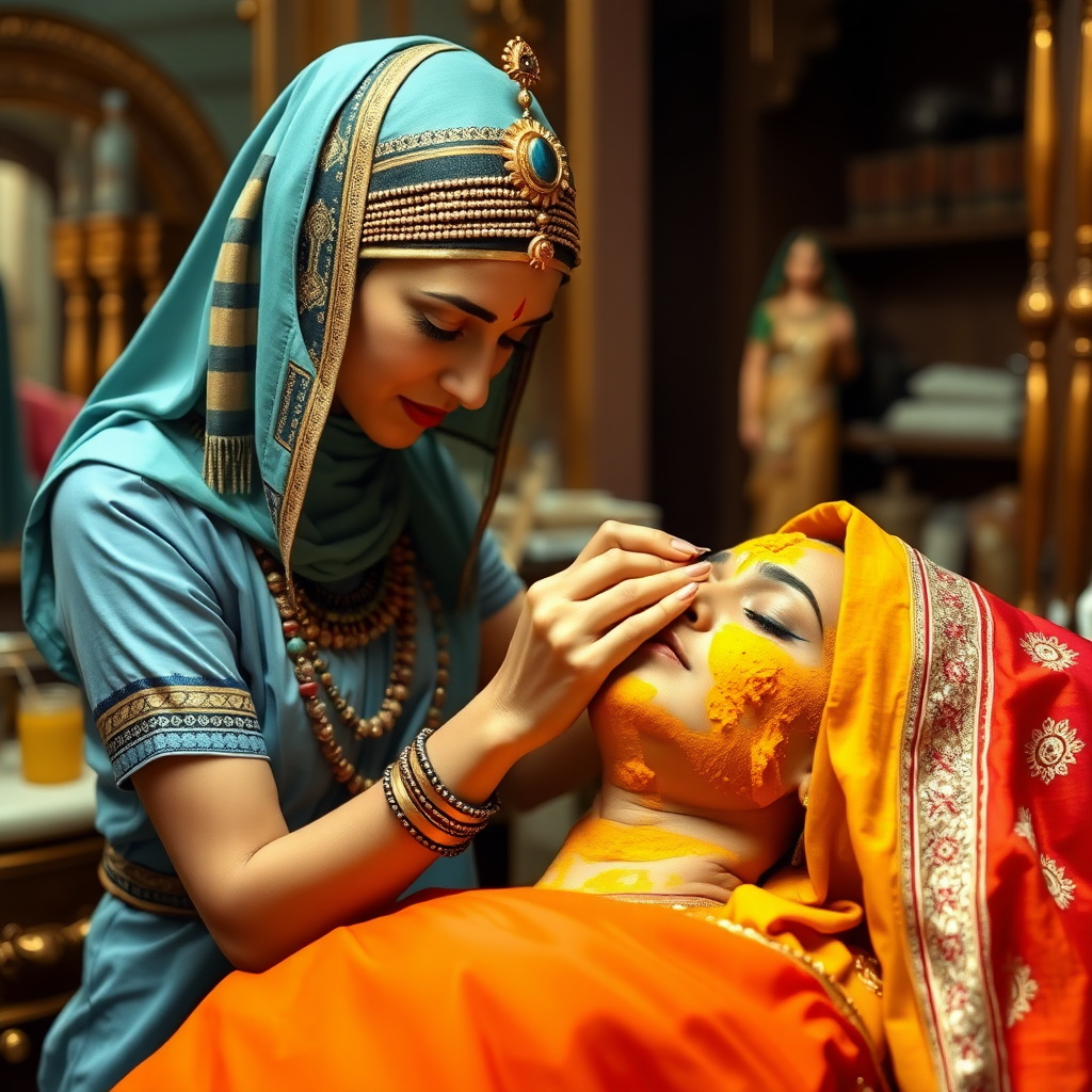 Cleopatra, working in a beauty parlour, giving a turmeric facial to a rich, traditional Indian wife.