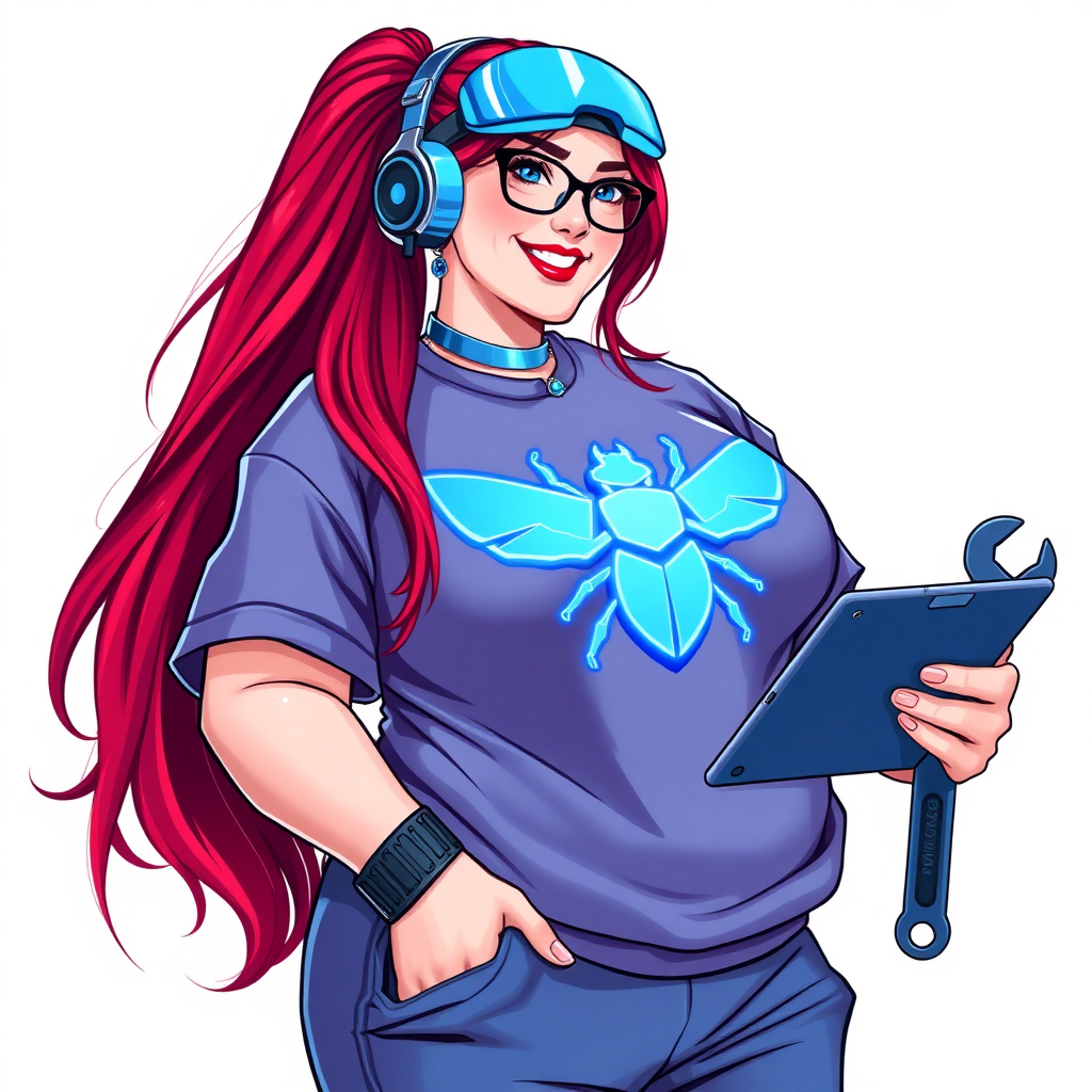 A cyberpunk vigilante’s full-figured intelligent and tech-savvy 29-year-old girlfriend, who is a computer hacker and tech genius. She has a long ruby red ponytail and bright blue eyes. She wears a sapphire beetle gemstone necklace, an oversized Maximum Blue (RGB 71, 171, 204) t-shirt featuring a giant neon blue chest icon of a winged beetle, and matching Maximum Blue sweatpants. She has a full-figured physique with a prominent round midsection, reflecting her well-cared-for lifestyle. She sports a sapphire headset with a hi-tech Maximum Blue (RGB 71, 171, 204) lensed HUD visor, Maximum Blue (RGB 71, 171, 204) lipstick, black eyeglasses, and a beaming smile with a passionate bright red blush. Despite her figure and a lack of self-esteem, she radiates an air of beauty. She has an angular face which contributes to her radiant beauty. She serves as his tech expert from his hideout, holding a holographic tablet and a hi-tech tool wrench. The background is solid white. She is drawn as if she was in a retro 2D cyberpunk fighting game. Make sure her outfit covers her midsection.