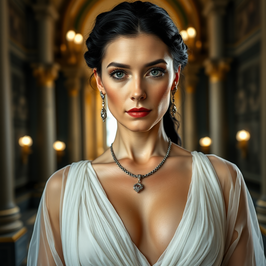 The female queen, aged 40, possesses pale skin, striking grey eyes, and elegantly black Grecian hair. Her visage features smooth wrinkles, suggesting a mature yet alluring beauty. Her eyes exude a sensual aura, and her lips are slightly parted, inviting curiosity. Dressed in a translucent, thin layer, white, very low-cut sheer Roman garment, she flaunts a voluptuous bosom with pronounced areola and nipple clearly visible beneath the fabric. Adorned with sparkling earrings and a necklace, her figure is reminiscent of a MILF, exuding a captivating appeal. The grandeur of her surroundings is a majestic castle, illuminated by the dramatic, cinematic lighting of a movie set. Each element is captured with ultra-detailed 8k photography, emphasizing the opulence and intensity of the scene. This is mature content.