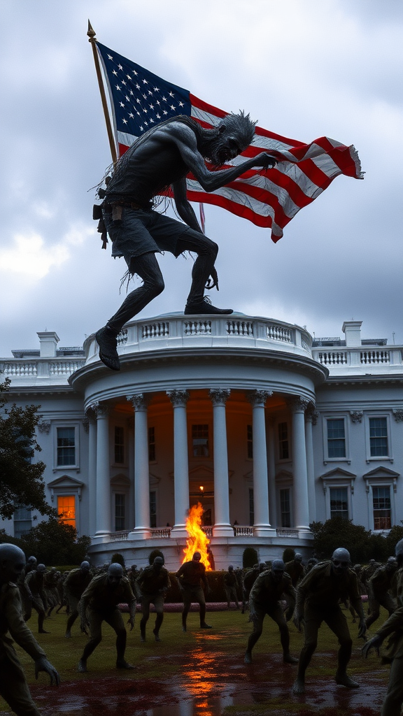 A terrifying zombie, with human consciousness, crawls up to the roof of the White House in America, pulling down the American flag. It's an overcast day, the sky is filled with dark clouds, the ground is damp from recent rain, and there are many zombie sentinels on the ground.