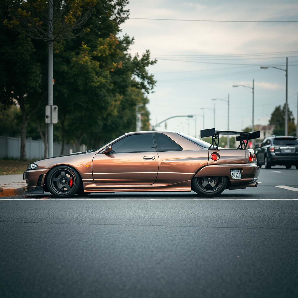 the car is parked on the side of the road, inspired by Taiyō Matsumoto, tumblr, restomod, nd4, c4 metallic shine nissan skyline r34