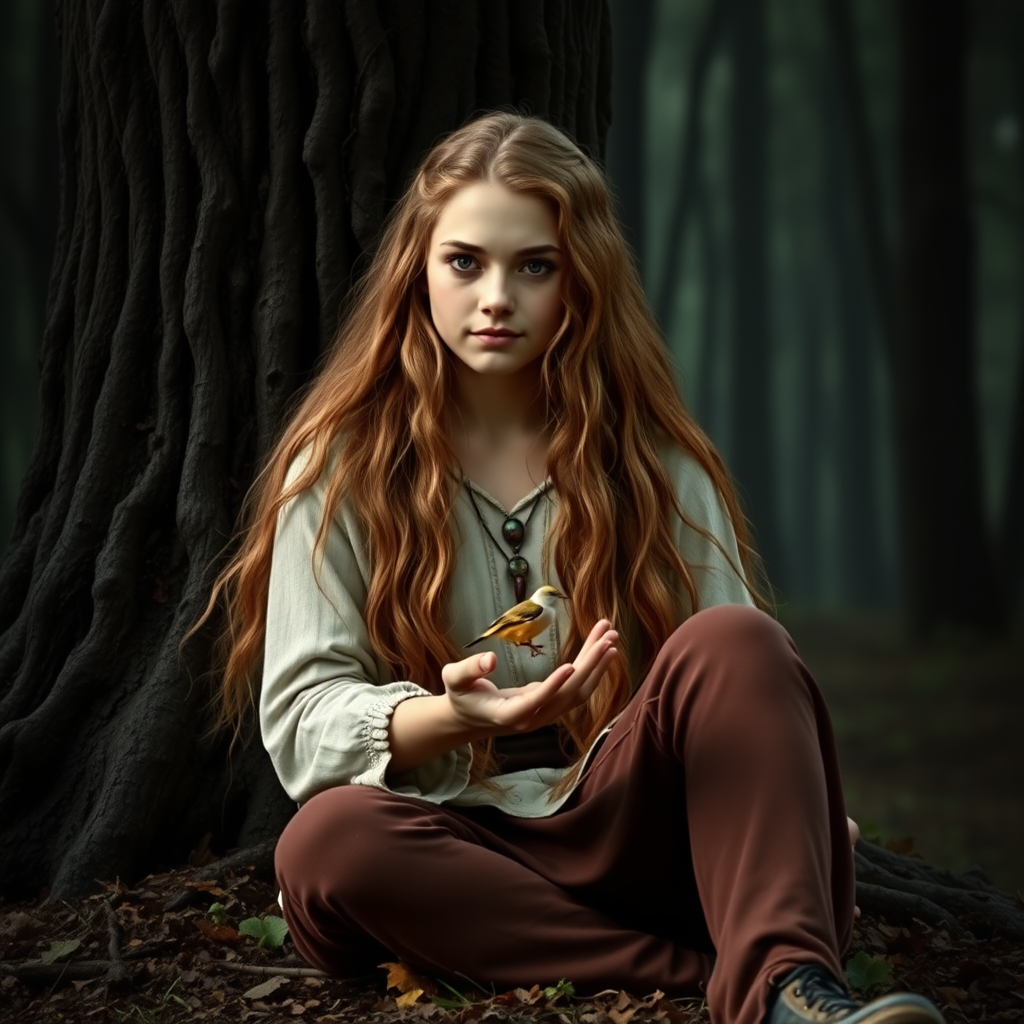 In a fantasy world. A young human druid about 18 years old is sitting at the foot of a tree, her light brown hair cascading down her back. The young woman resembles Luna Lovegood, the character from Harry Potter. She is holding a small bird in the palm of her hand. The background is a rather dark forest, photorealistic, high definition.