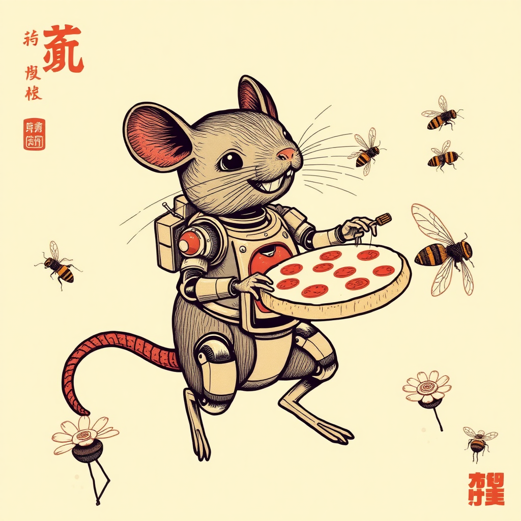 A cyborg rat delivering pizza to bees, Chinese woodcut