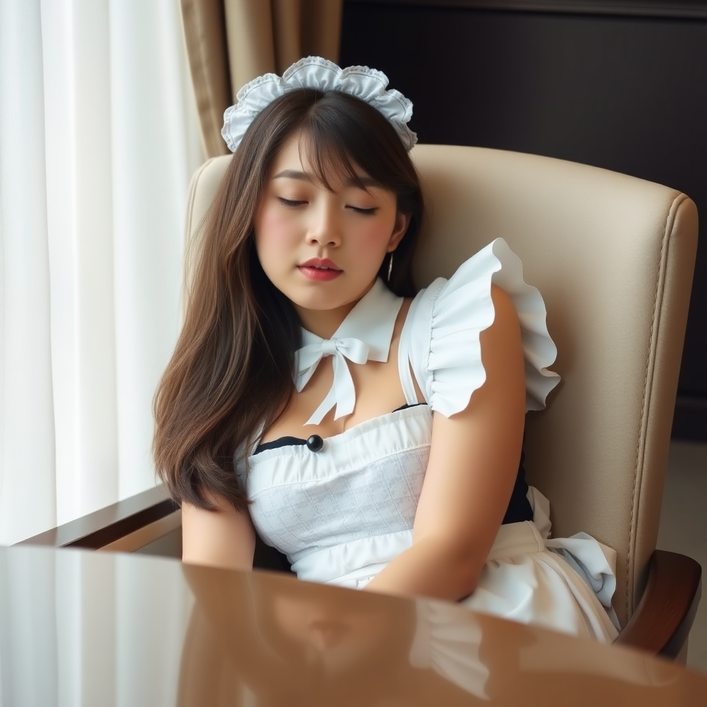 Photo of beautiful young woman Marina Hasegawa wearing a maid outfit dozing in a chair. The camera is angled toward her. A table is in the foreground.