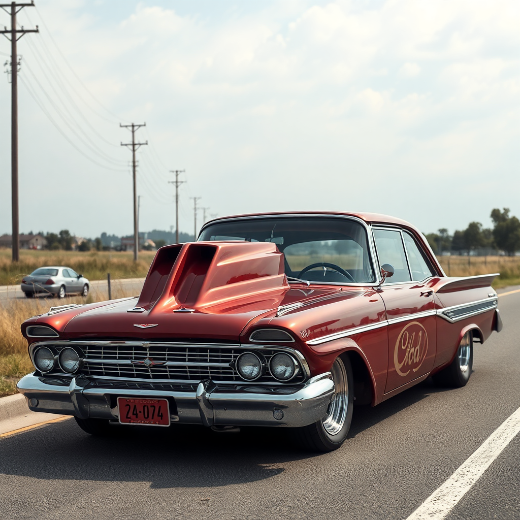 The drag car is parked on the side of the road, inspired by Taiyō Matsumoto, tumblr, restomod, nd4, c4 metallic shine classic american low rider ford.