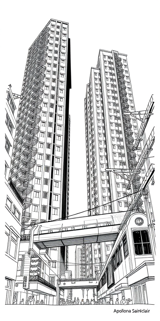 Create an ink portrait of a new Kolkata high-rise building, with a metro line running in between, in the detailed, monochromatic style of Apollonia Saintclair. Emphasize intricate line work, architectural details, and urban complexity.