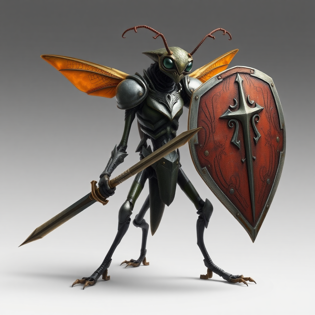 A bipedal insect alien, armoured, sword and shield