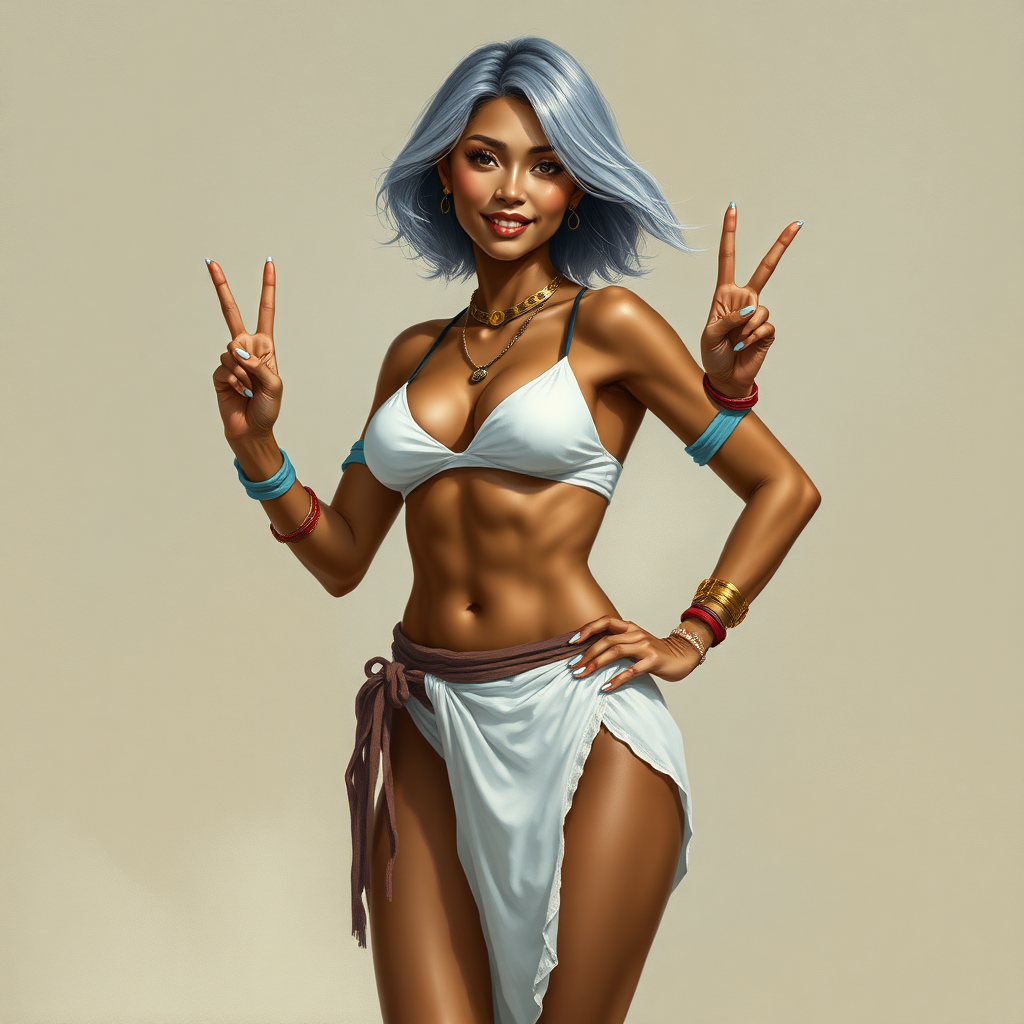 Uncommonly tall for a woman; being 6' (183cm) tall. She has brown skin and short flowing silvery hair. She is barefoot and has long, powerful legs. She has abs and is muscular. Her fingers and toenails are painted sky-blue. Her attire consists of a white primitive scant revealing two-piece bikini-like outfit with pale red, sky-blue, gold and purple bands on her neck, arms, wrists, shins, and ankles. fantasy painting high contrast, symmetrical proportional asian face. well-drawn, highly detailed, and beautiful rendering. One hand holding hips, another hand peace sign, joyful smile, tilted sexy pose.